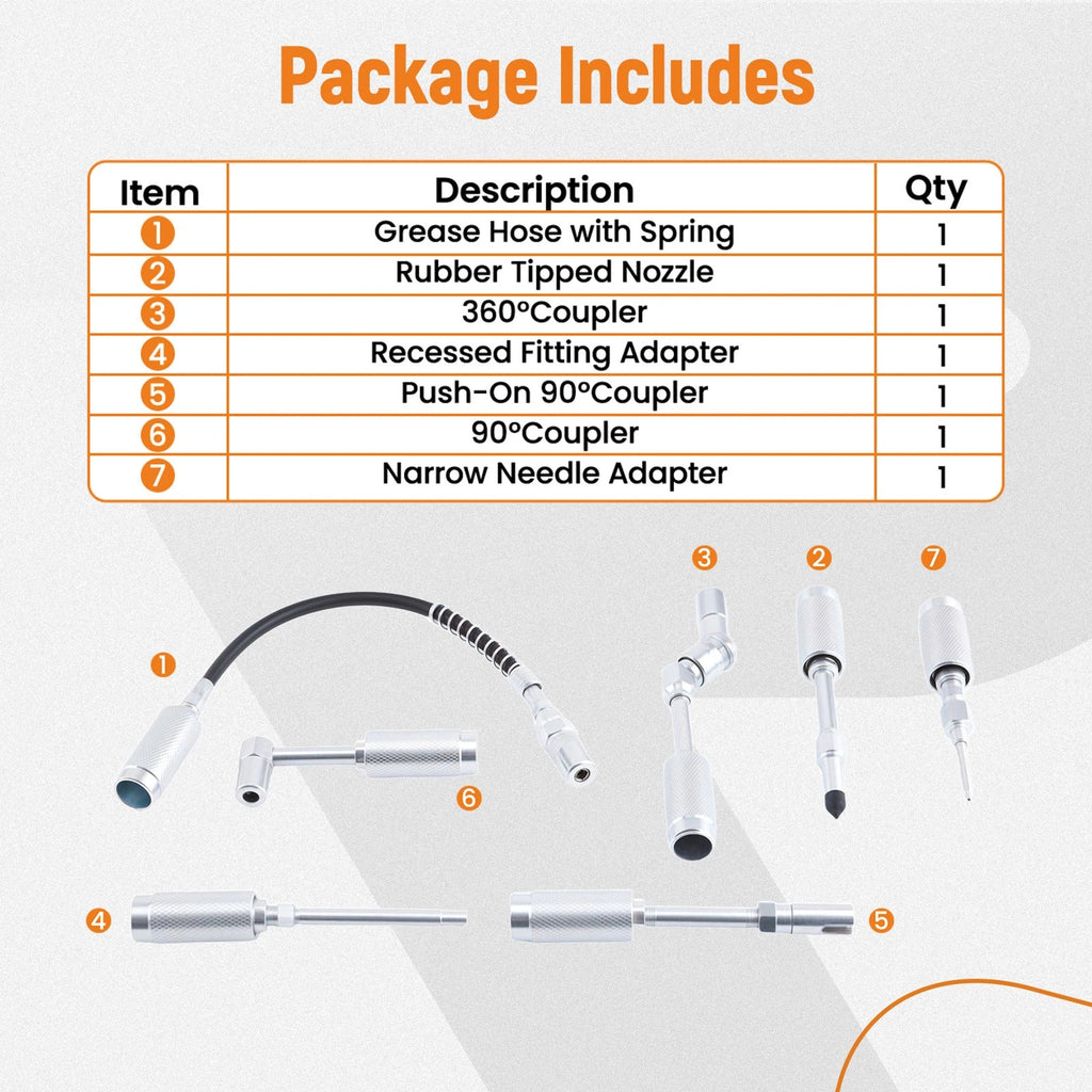 7pc Grease Gun Kit for Auto with 360° & 90° Fittings