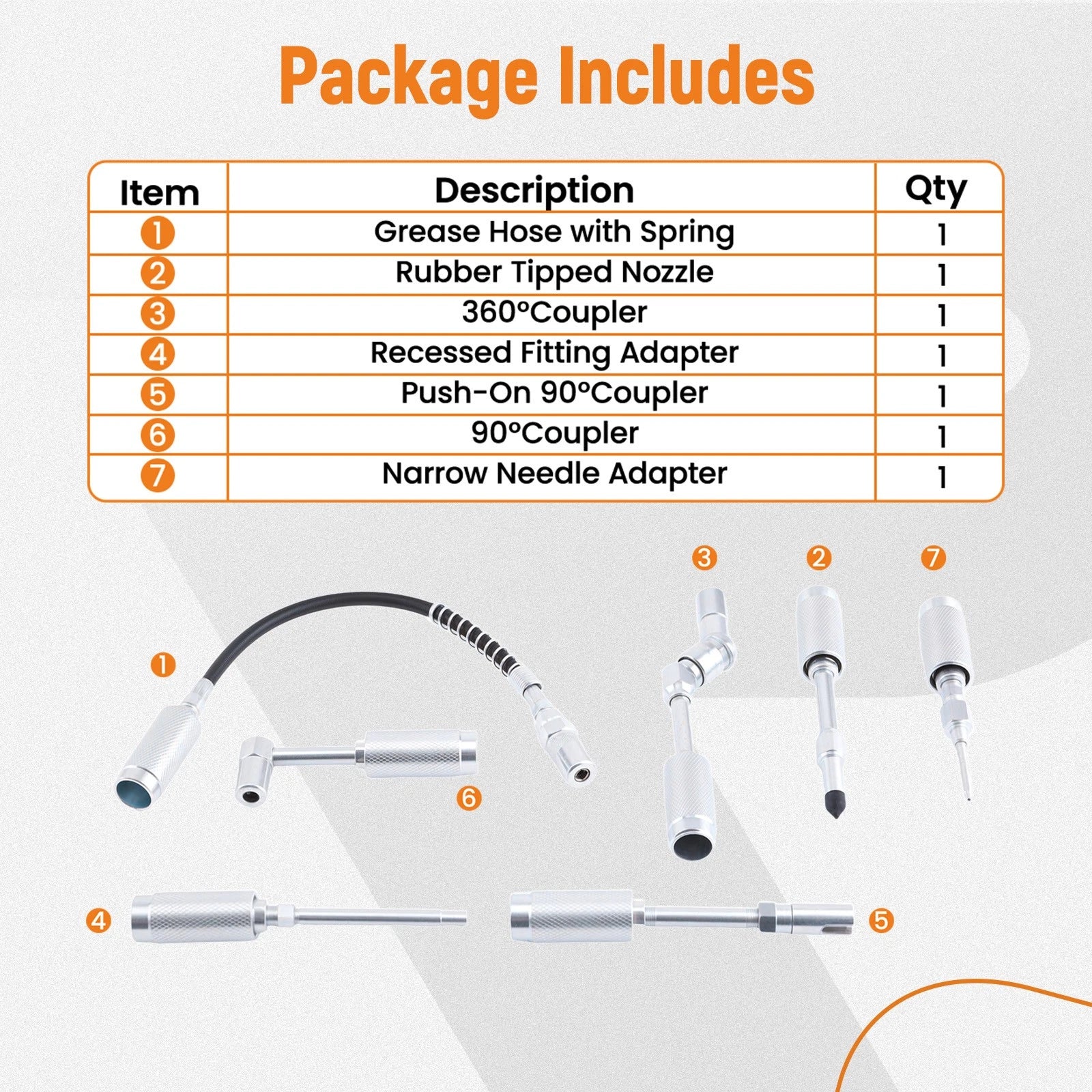 7pc Grease Gun Kit for Auto with 360° & 90° Fittings