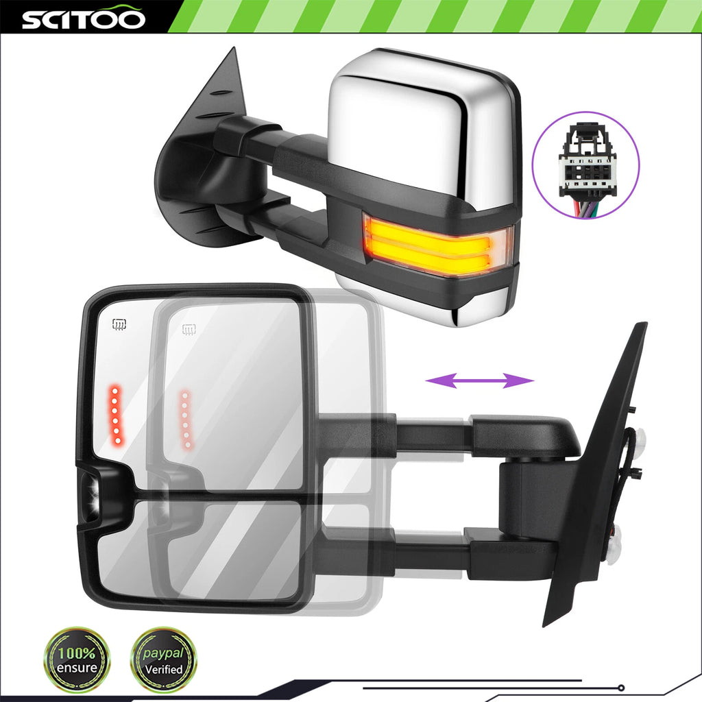 Set of 2 Chrome Power Heated Dynamic LED Signal Towing Mirrors for Silverado Sierra (2007–2014)