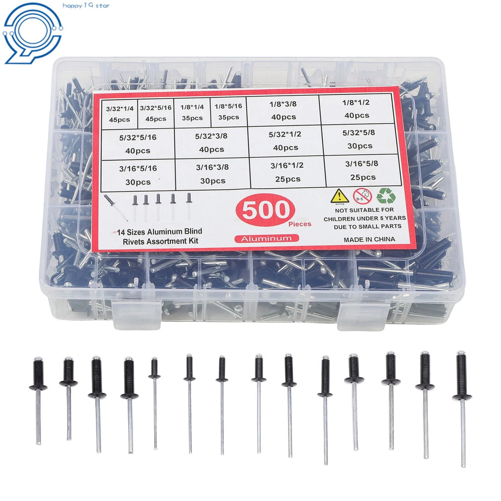 Set of 500 Black Rivets for Automotive Applications (Various Sizes)