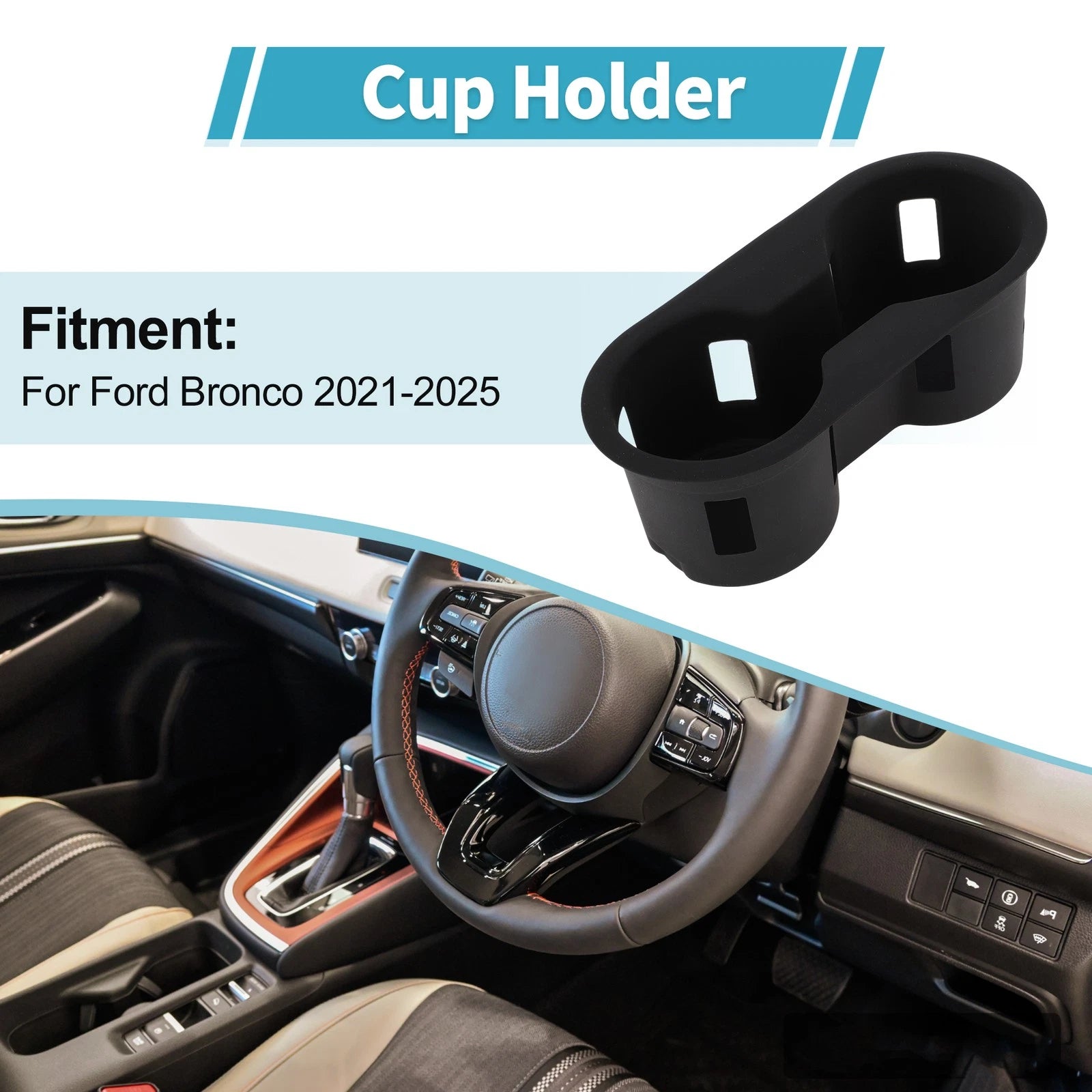Center Console Cup Holder Organizer for Ford Bronco (2021–2025) Silicone Black