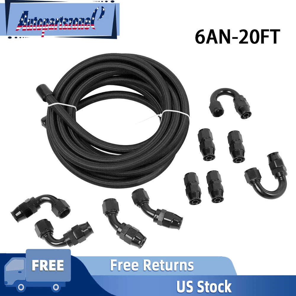 6AN Nylon Braided E85 PTFE Fuel Line Kit with 10 Fittings & Clamp - 20ft