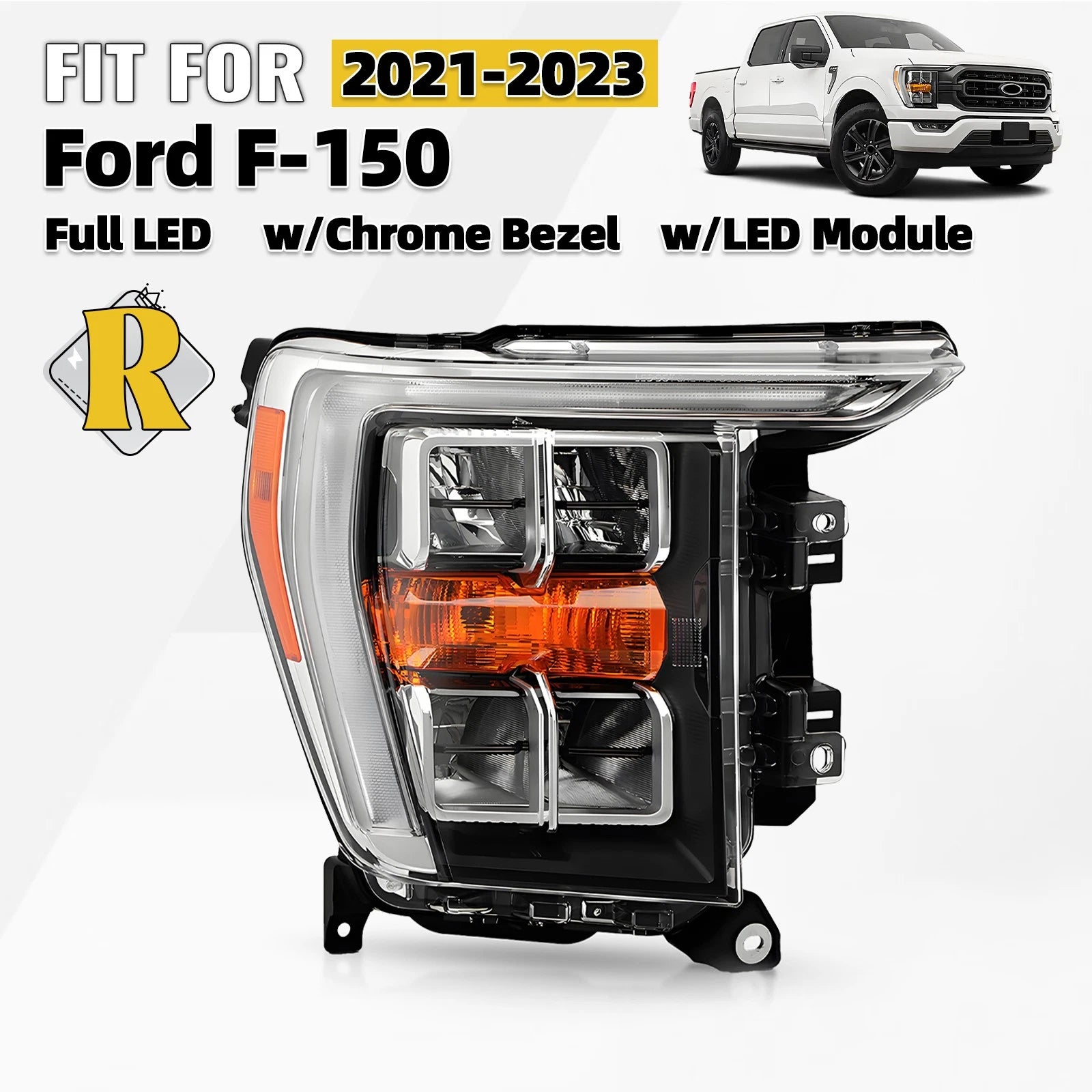 LED Headlight Chrome Bezel for Ford F-150 (2021–2023) Right Passenger Side