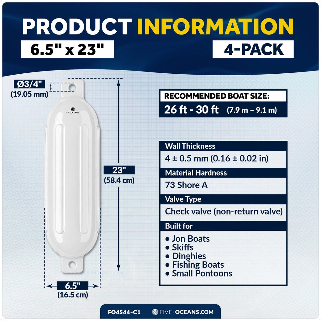 Set of 4 Boat Fenders for (6.5"x23", White)