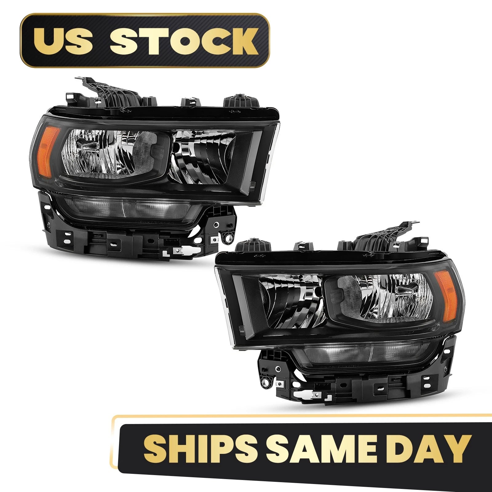 Halogen Headlight Set for Ram 2500 3500 (2019–2024) Black Bezel Left+Right