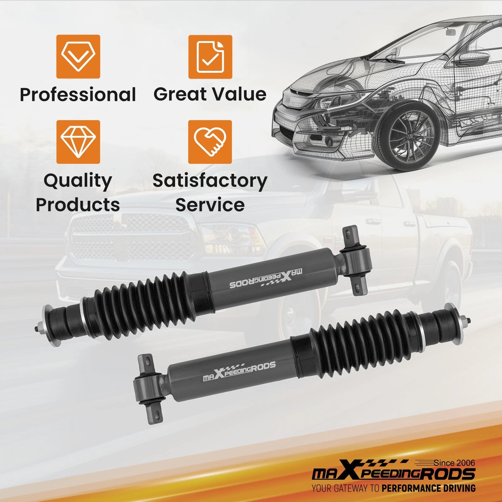 2 Inch Leveling Lift Kit for Dodge Ram 1500 2WD (2011–2024) Shocks + Coil Springs