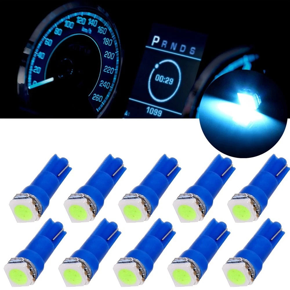 10X T5 Ice Blue 1SMD 5050 LED Wedge Bulb for Dashboard Gauge (58-74)