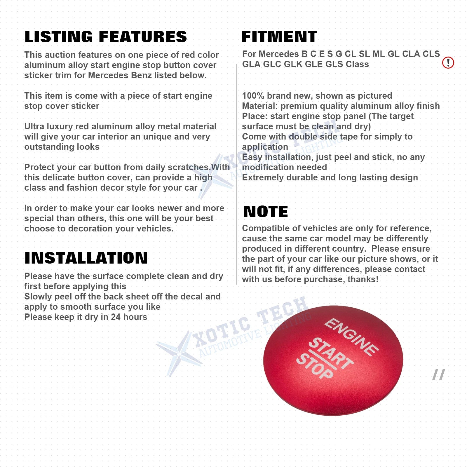 Racing Red Engine Ignition Push Button Cover for Mercedes-Benz C E CLA GLA (2014-2023)