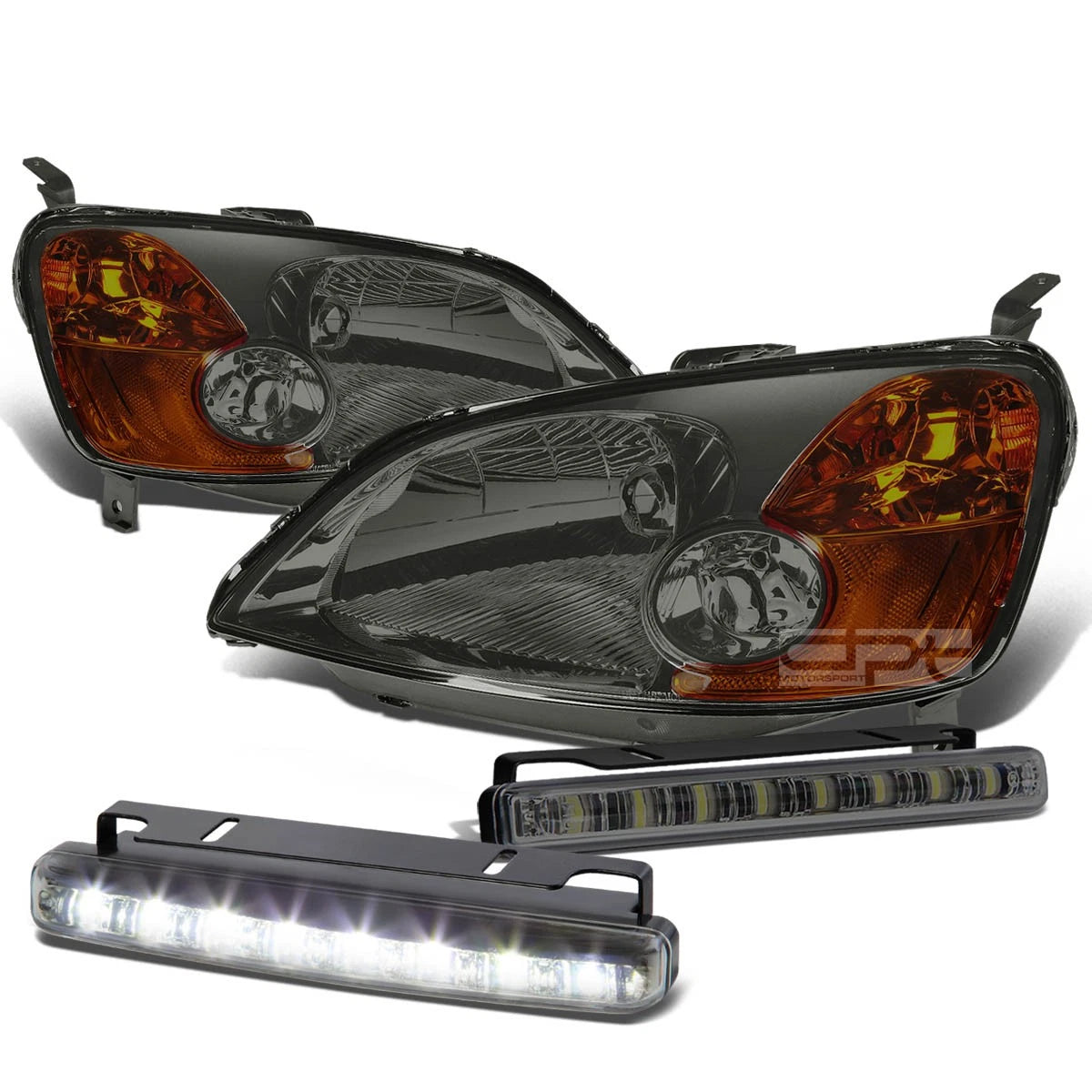 Smoked Housing Headlight + Amber Corner + LED Fog Light Kit for Honda Civic (2001–2003)