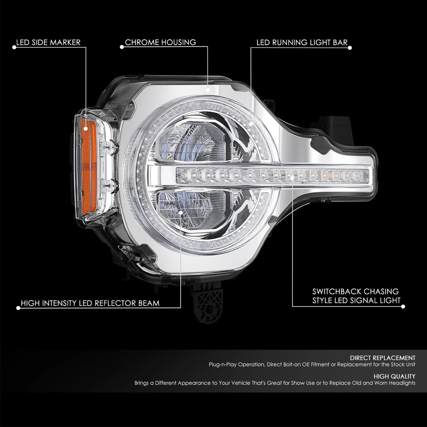 Chrome Amber LED Switch Back Sequential Headlight for Ford Bronco (2021–2026)
