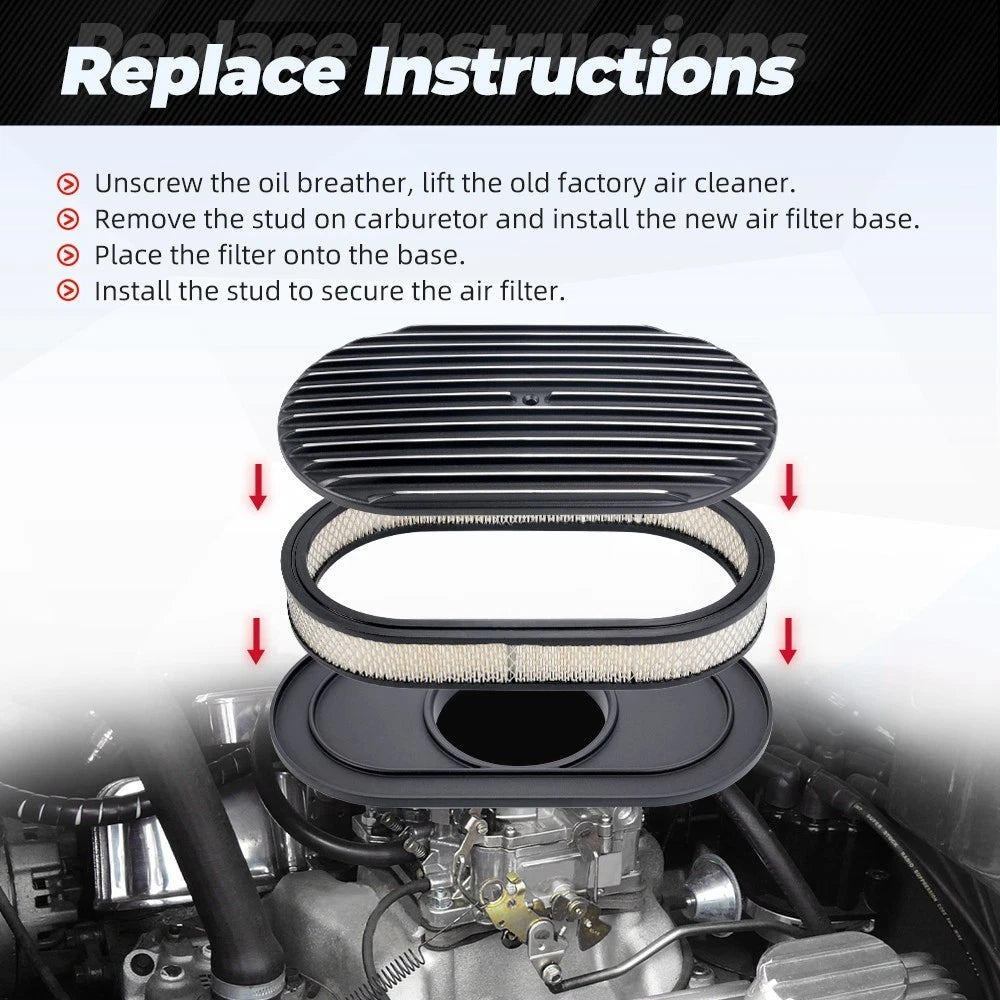 15" Oval Full Finned Air Cleaner for SBC BBC Chevy Ford (5-1/8 Carb Neck)