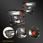 Headlight Assembly Pair for Ford F-150 (2015–2017) Black Housing