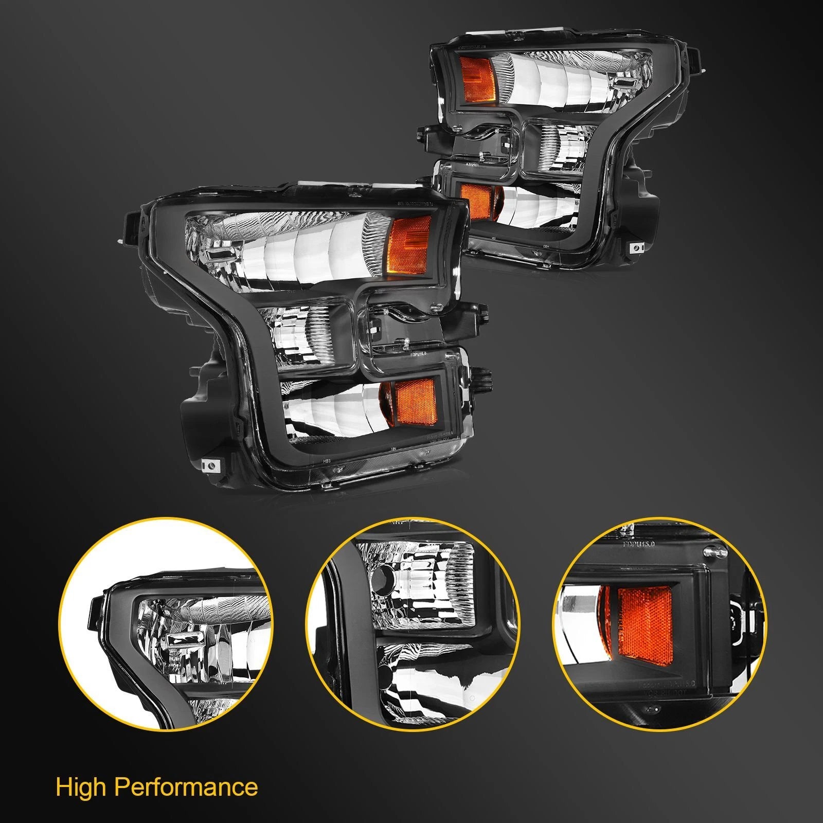 Headlight Assembly Pair for Ford F-150 (2015–2017) Black Housing