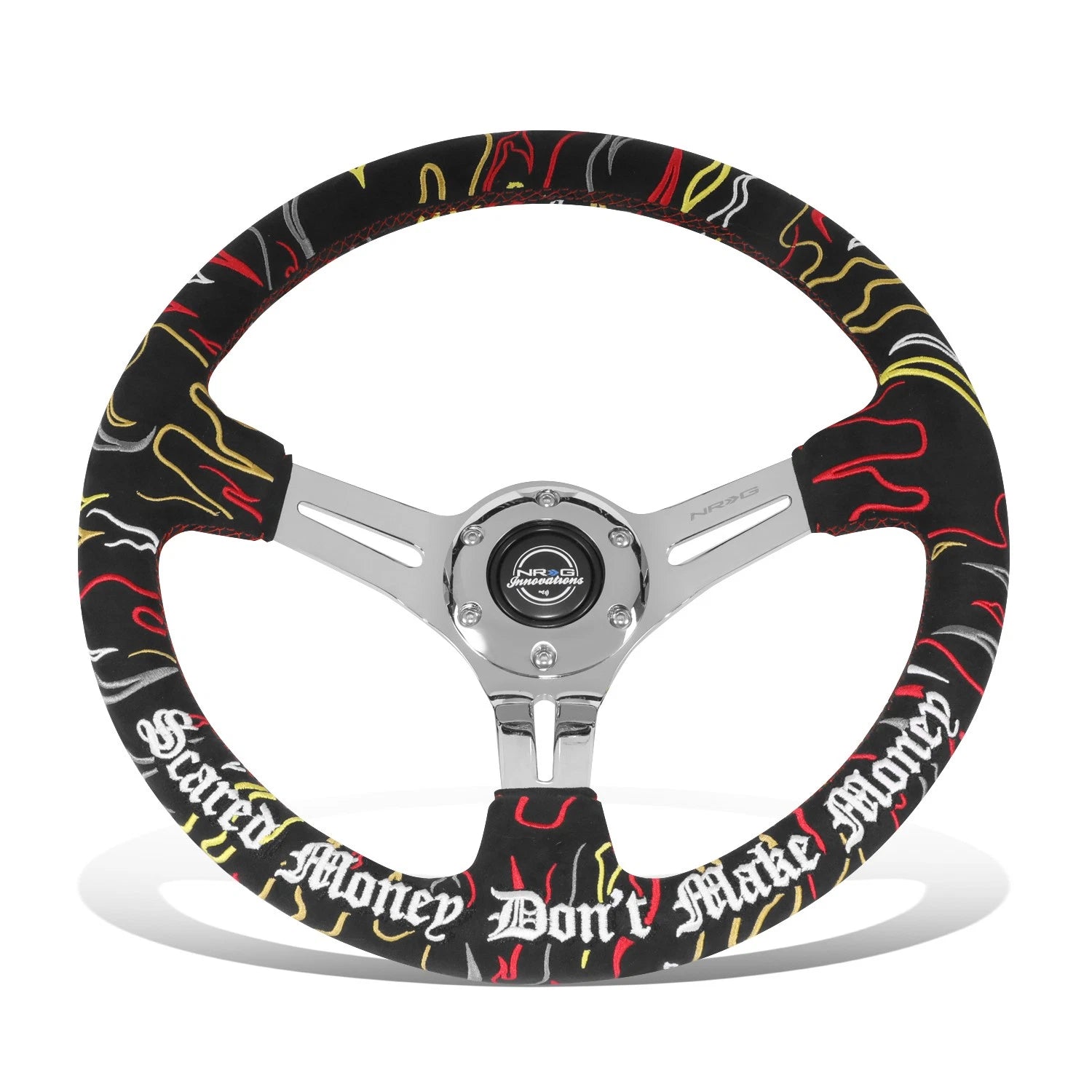350mm 3" Dish Steering Wheel for NRG (3-Spoke, Black Suede, Chrome Spokes)