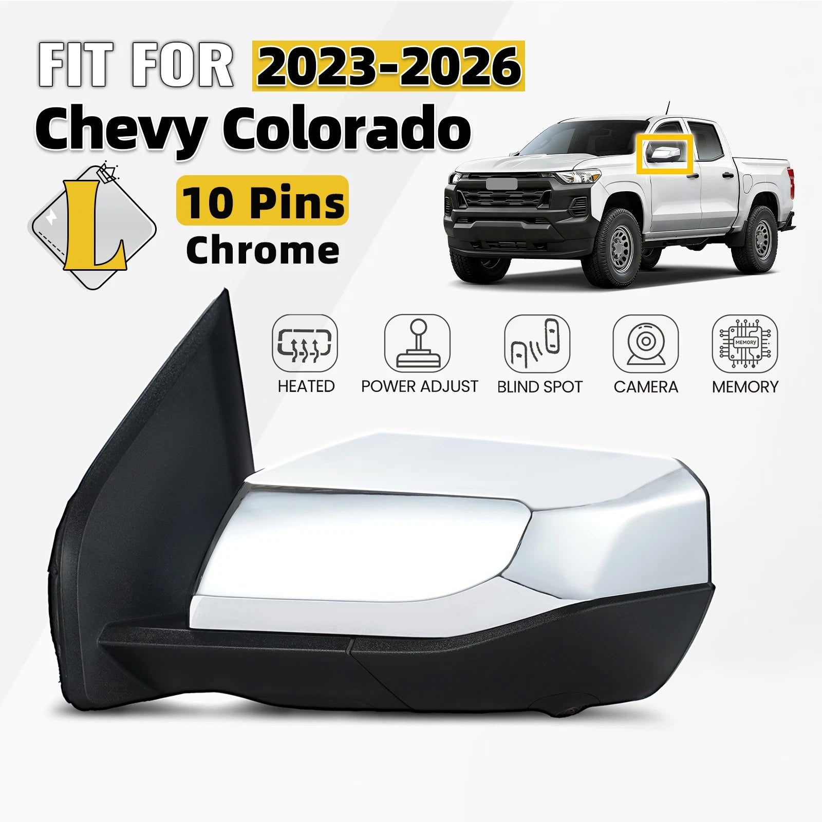 Left Side Mirror for Chevrolet Colorado (2023–2026) W/BSD, Memory, Camera, 10 Pins