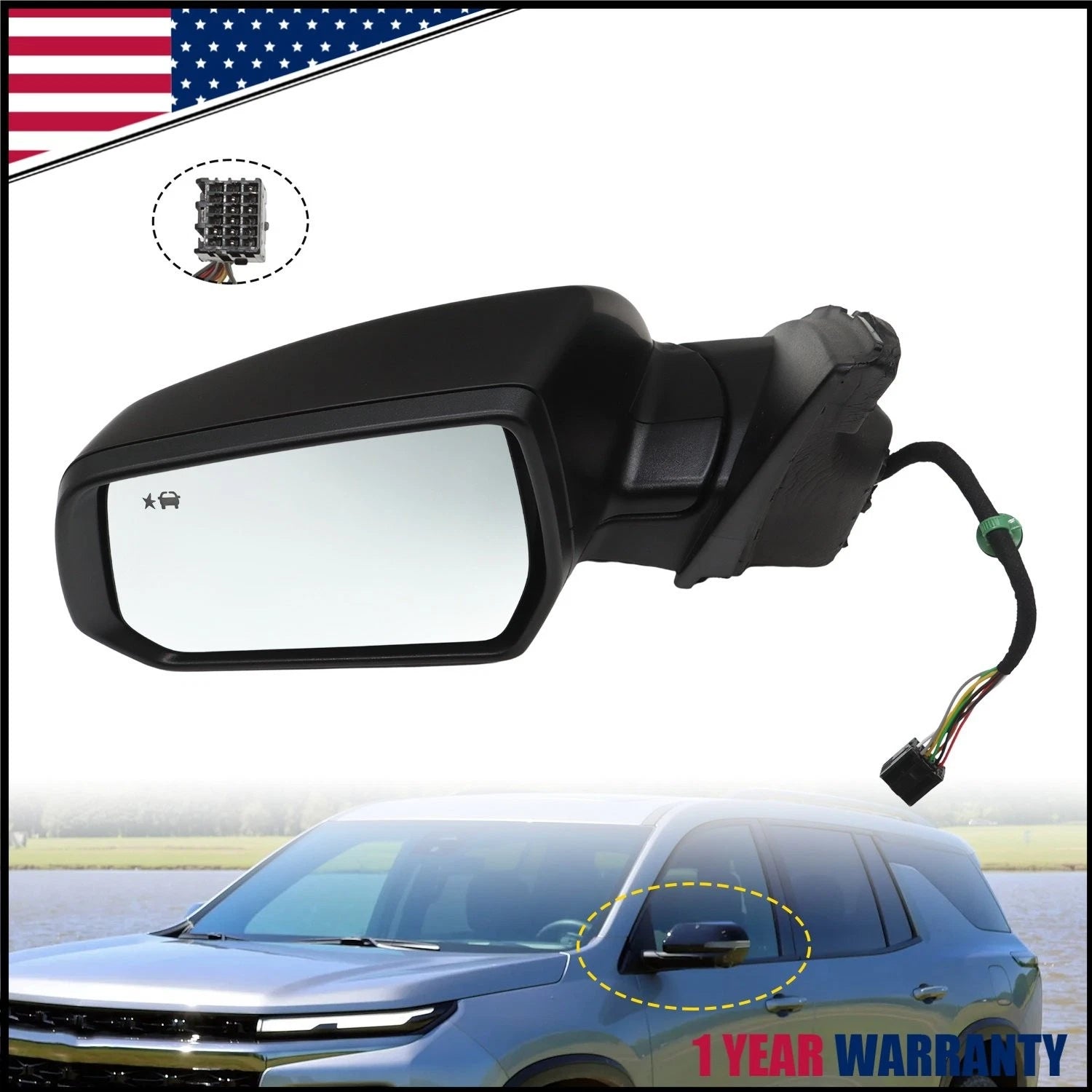 Side Mirror for Chevy Traverse (2022–2024) Turn Signal, Blind Spot, 8 Pins