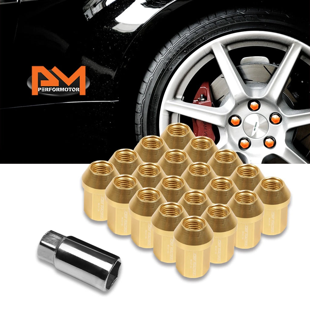 Set of 20 M12X1.5 Gold JDM Closed End Acorn Hex Wheel Lug Nuts + Extension 25mmx35mm