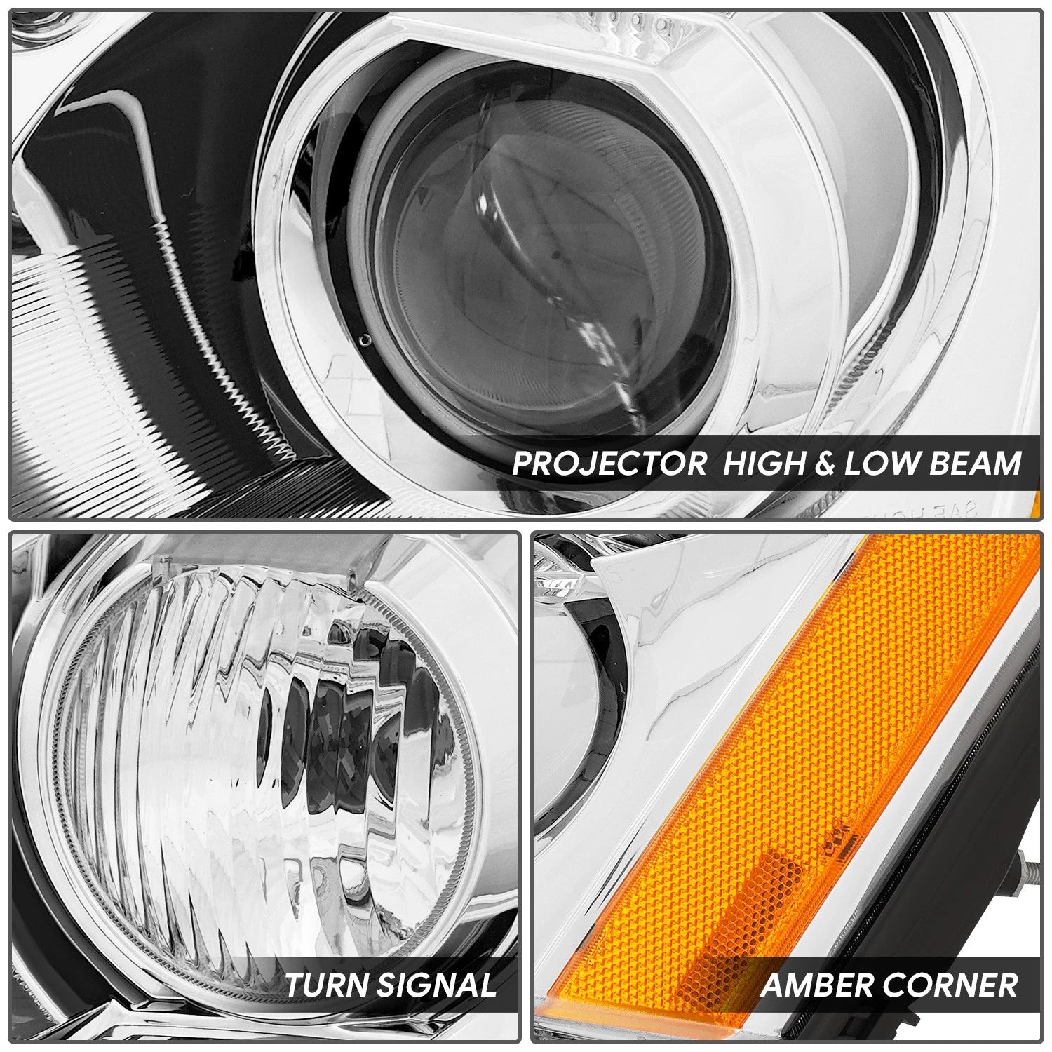 Driver Left Chrome/Amber Projector Headlight for Cadillac DTS (2006–2011)