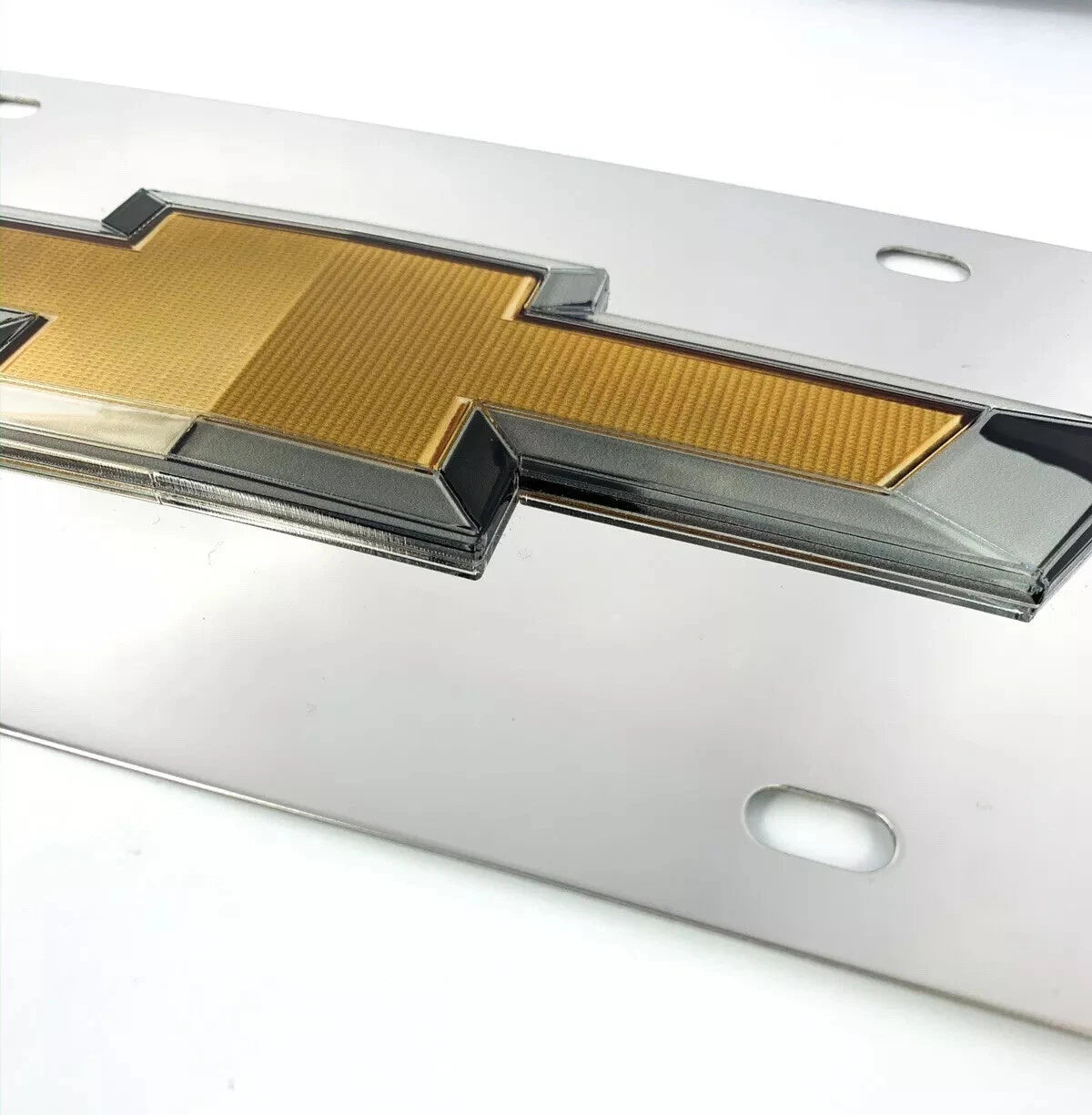 Chrome Chevy Bowtie Emblem License Plate with 3D Gold Gloss Logo for Chevrolet