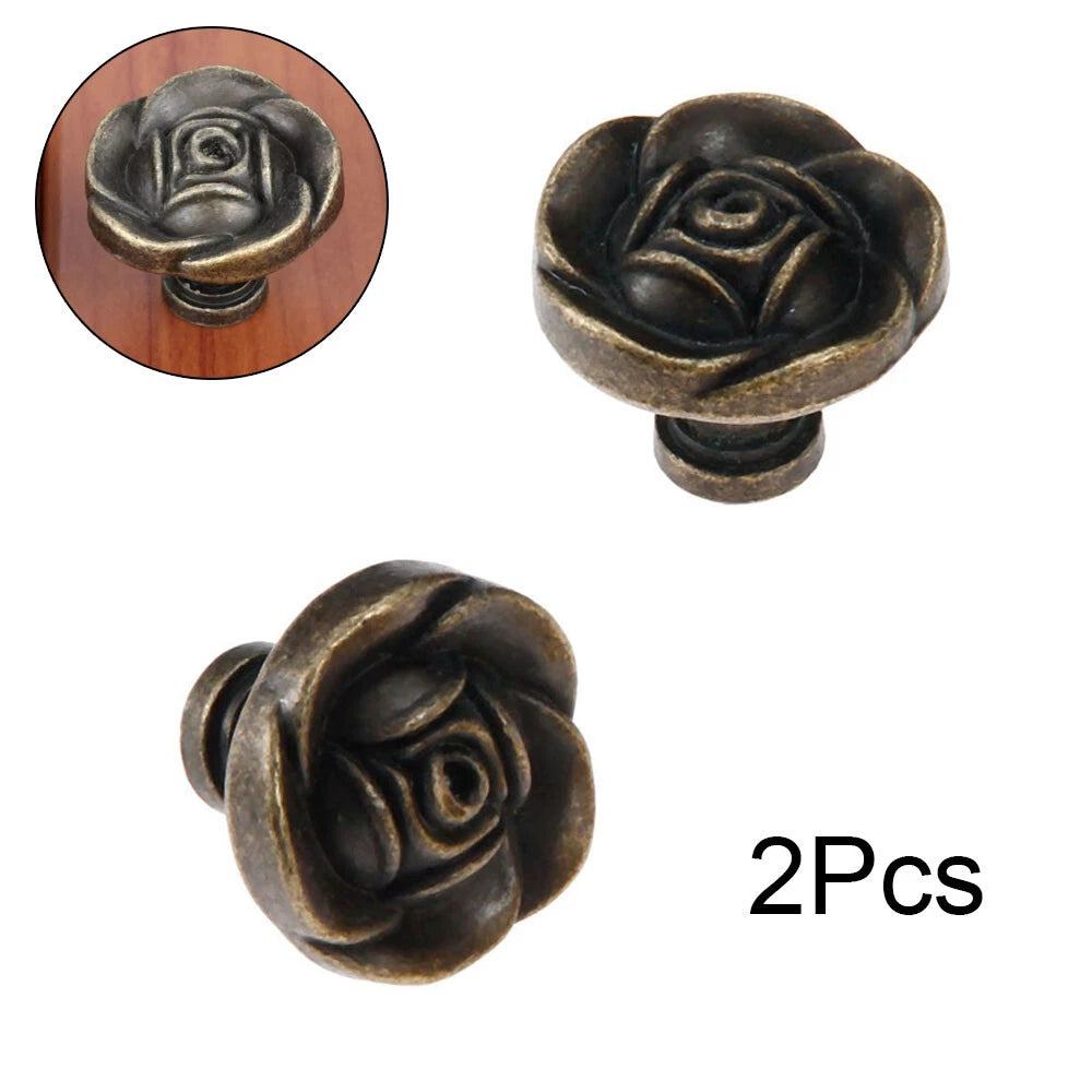 2X Antique Rose Flower Cabinet Drawer Pull Knob for Furniture
