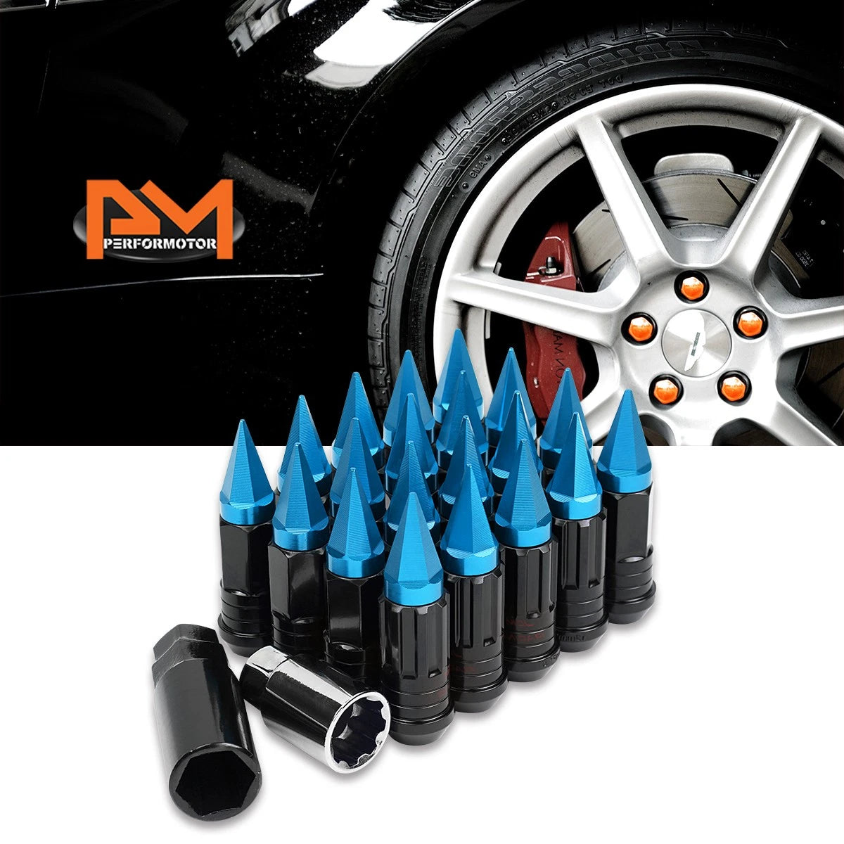 20Pc M12X1.5 Sky Blue JDM Wheel Lug Nuts with Spline Locks & Spiked Caps