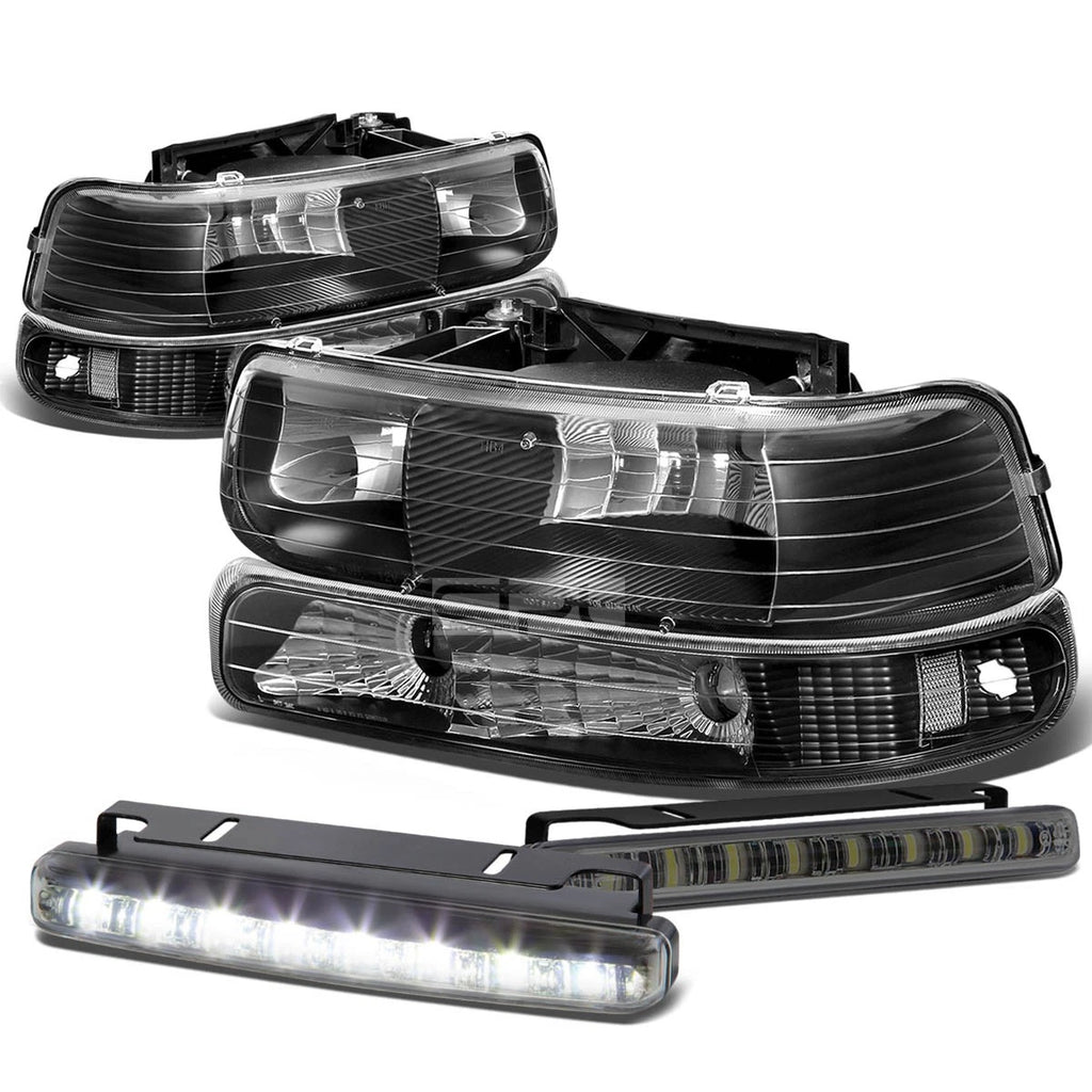 Set of 4 Black Housing Amber Headlight, Bumper Lamp, LED Fog Light for Silverado (1999–2002)