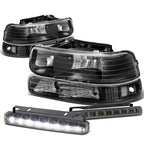 Set of 4 Black Housing Amber Headlight, Bumper Lamp, LED Fog Light for Silverado (1999–2002)