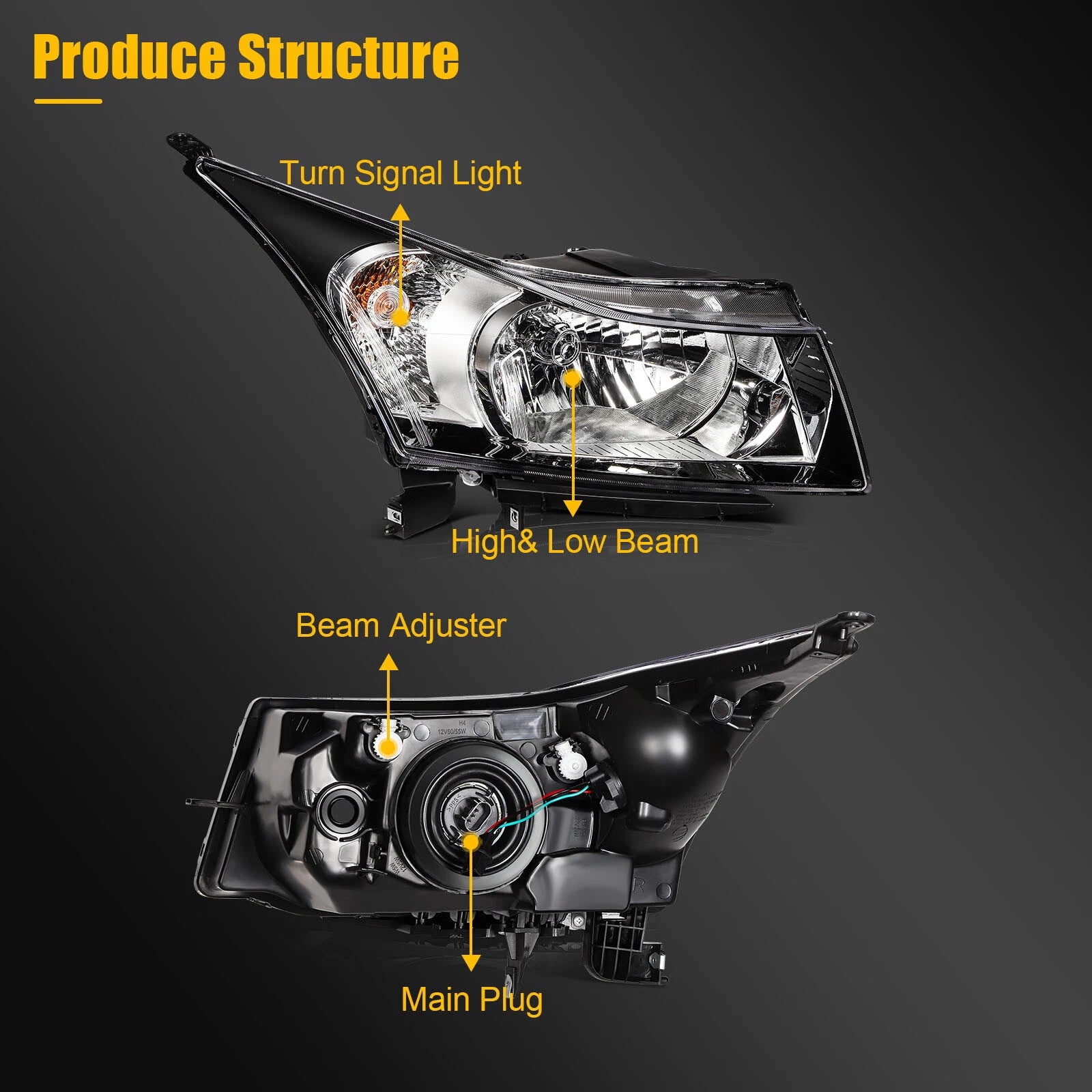 Set of 2 Black Housing Headlights for Chevy Cruze (2011–2015)