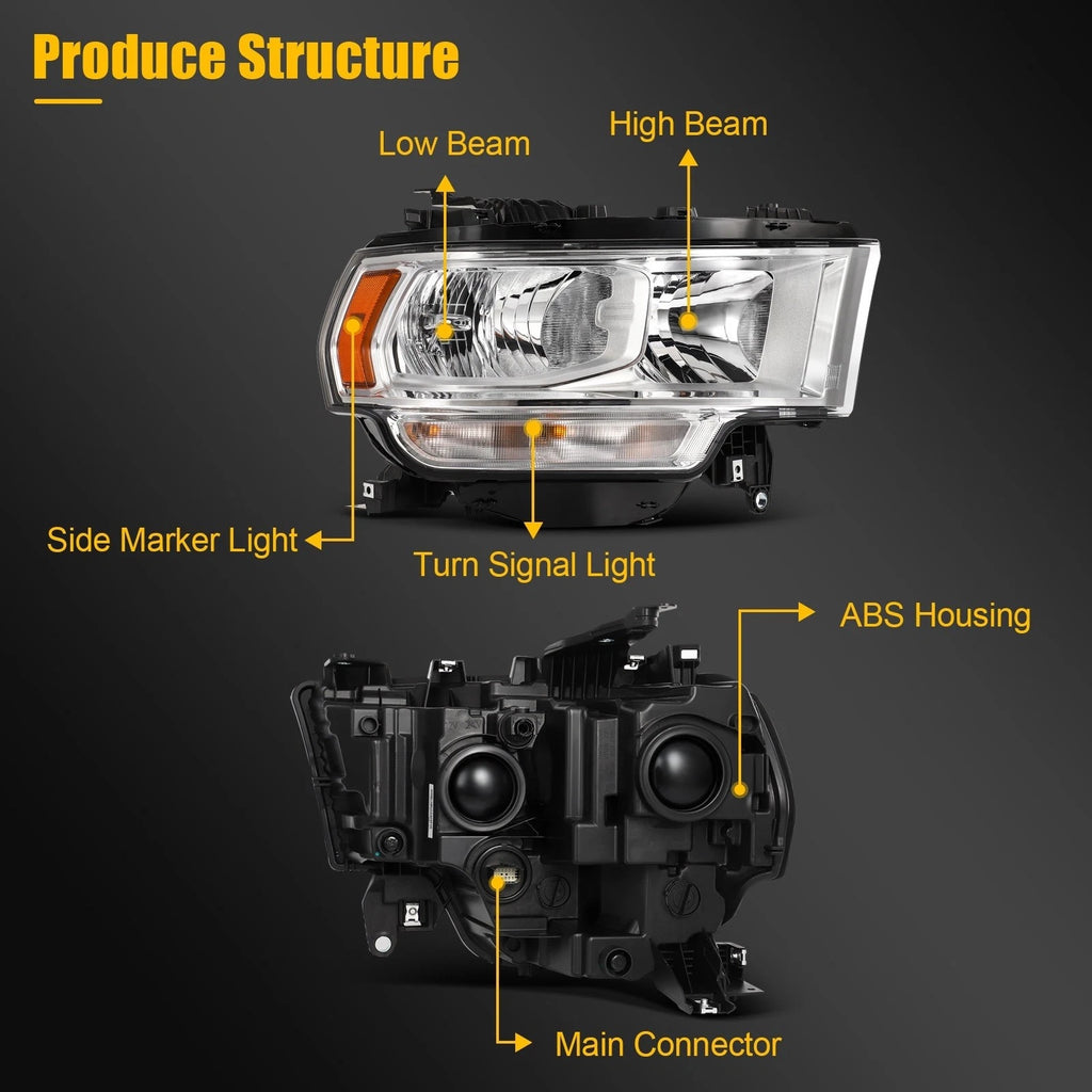Right Side Chrome Amber Headlight for Ram 2500 3500 (2019–2024)