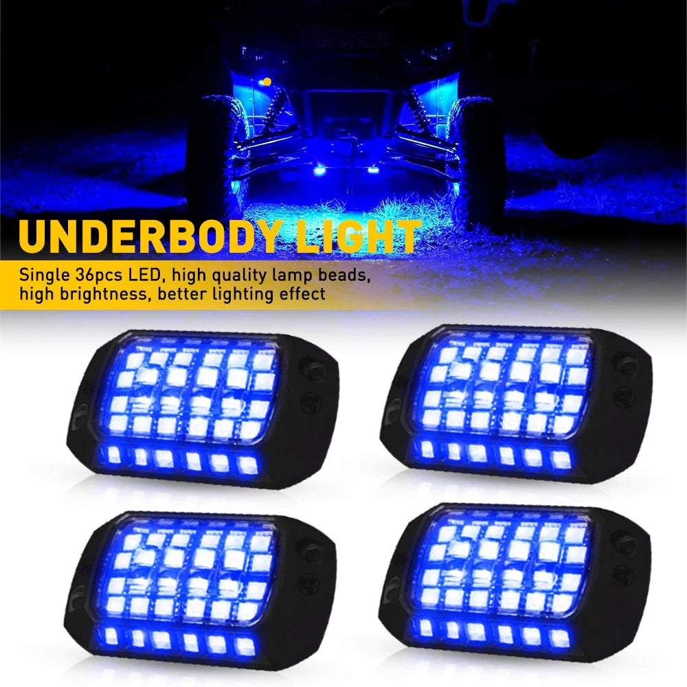 Set of 4 Universal 36 LED Blue Underbody Underglow Lights Waterproof