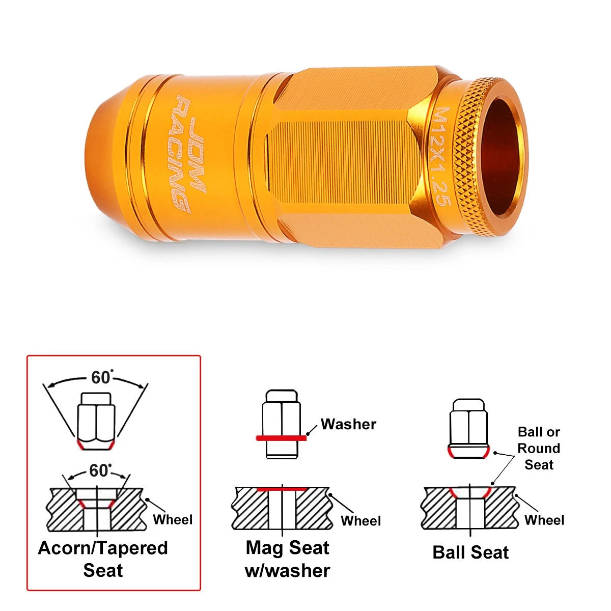20Pc M12X1.25 Orange JDM Open End Cone Wheel Lug Nuts + Spline Lock + Key