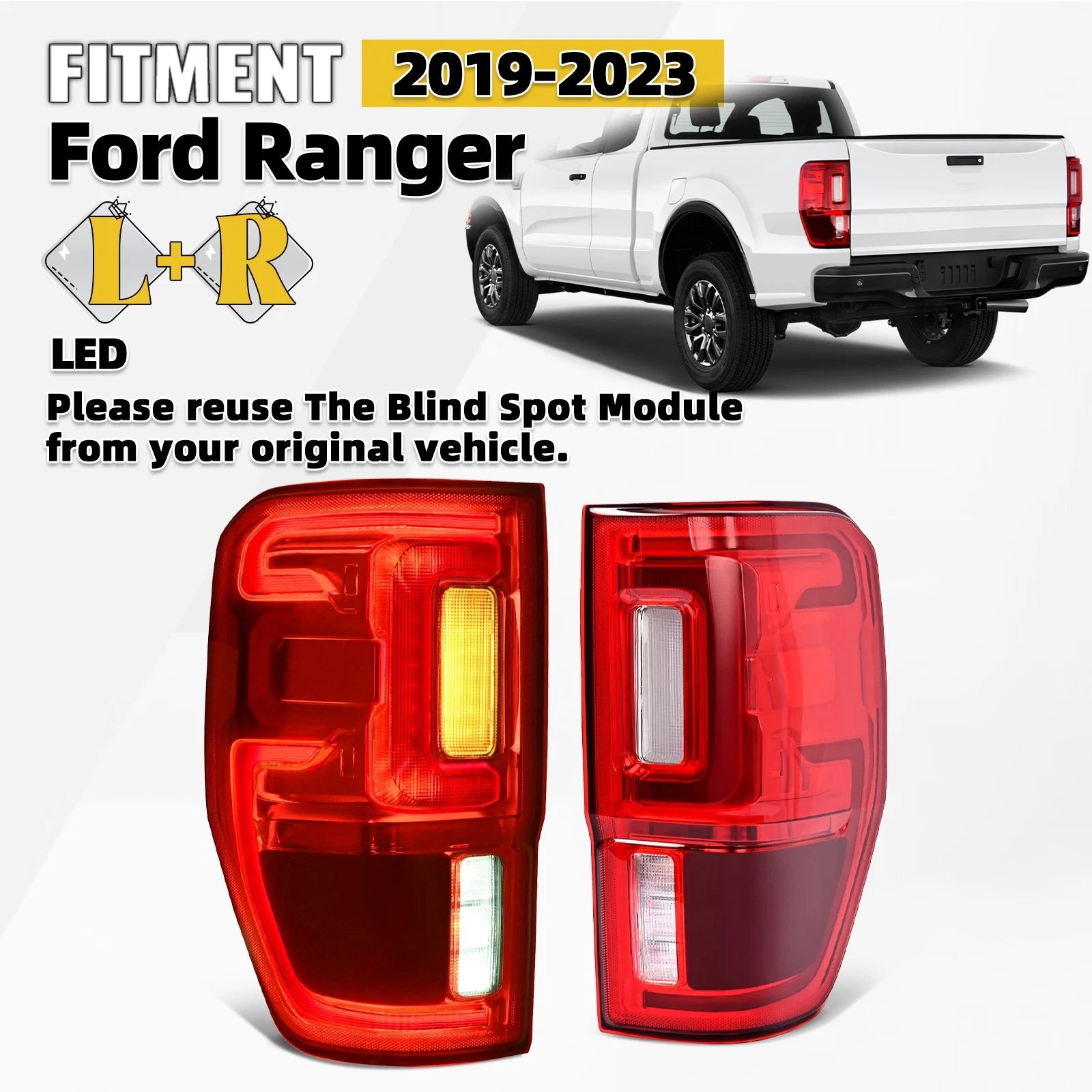 Pair LED Tail Lights for Ford Ranger (2019–2023) W/BLIS, Right + Left