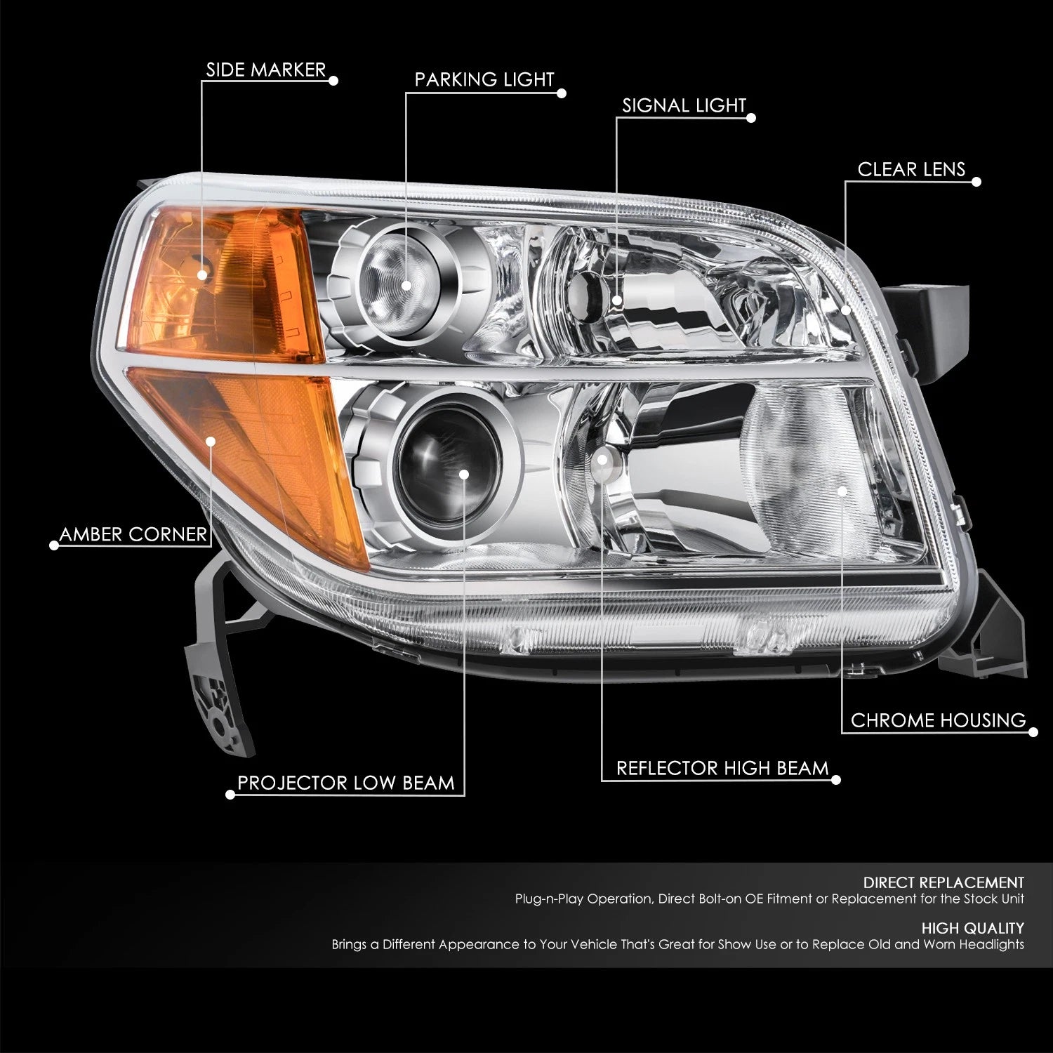 Right Passenger Side Chrome Housing Headlight for Honda Pilot (2006–2008)