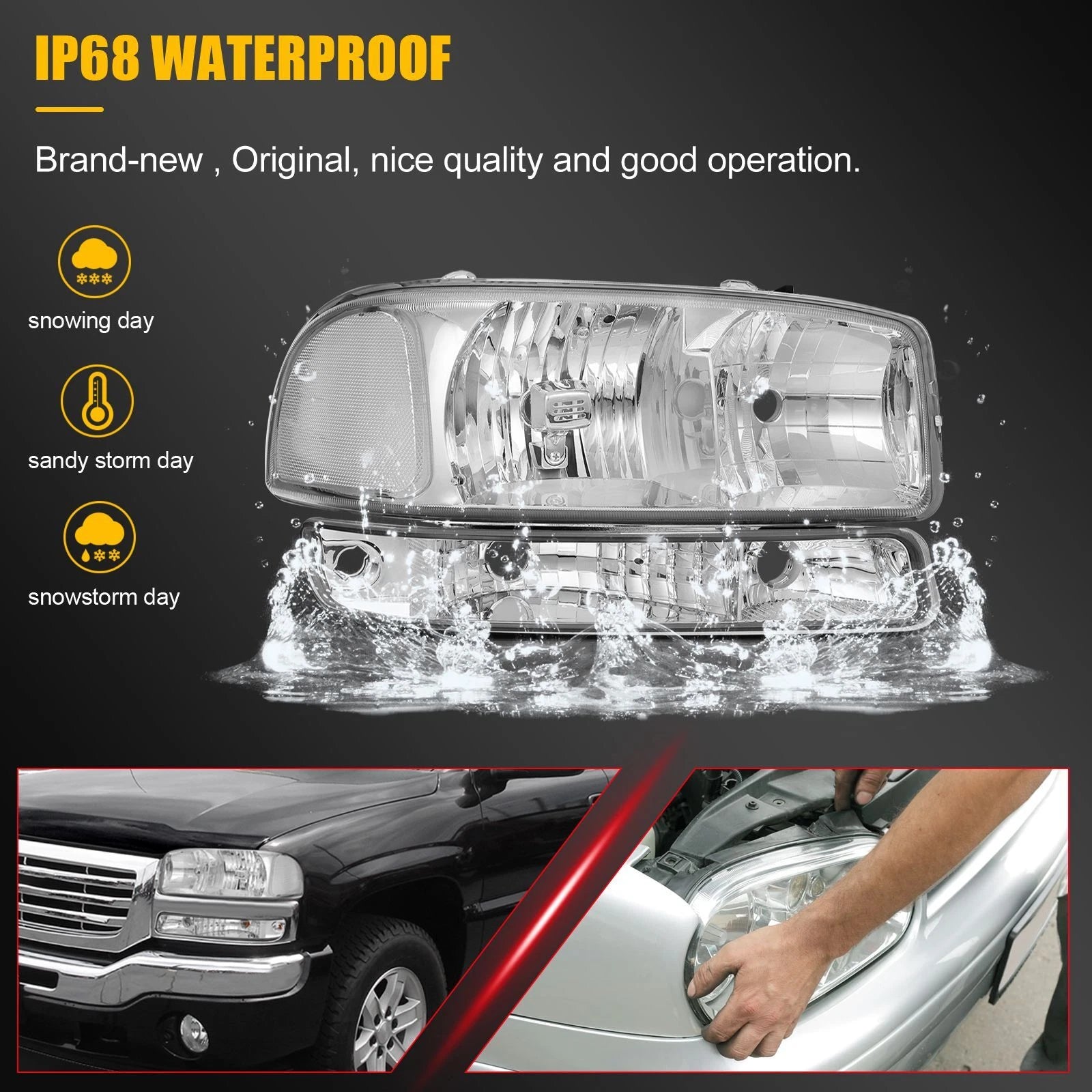 Chrome Headlight Assembly and Bumper Lamps for GMC Sierra 1500 2500 3500 (1999–2007)