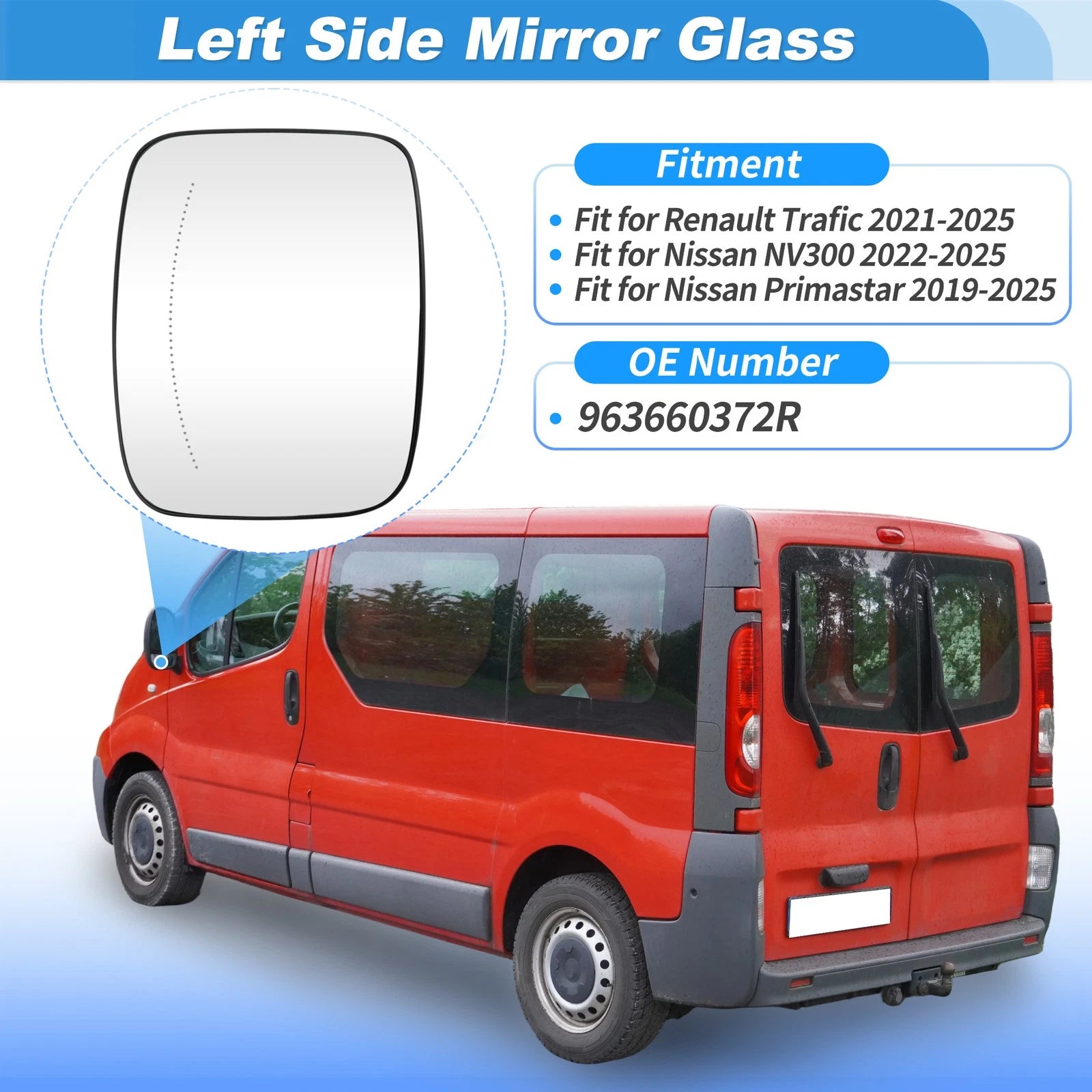 Heated Mirror Glass for Nissan NV300 (2022–2025) Left Side No. 963660372R