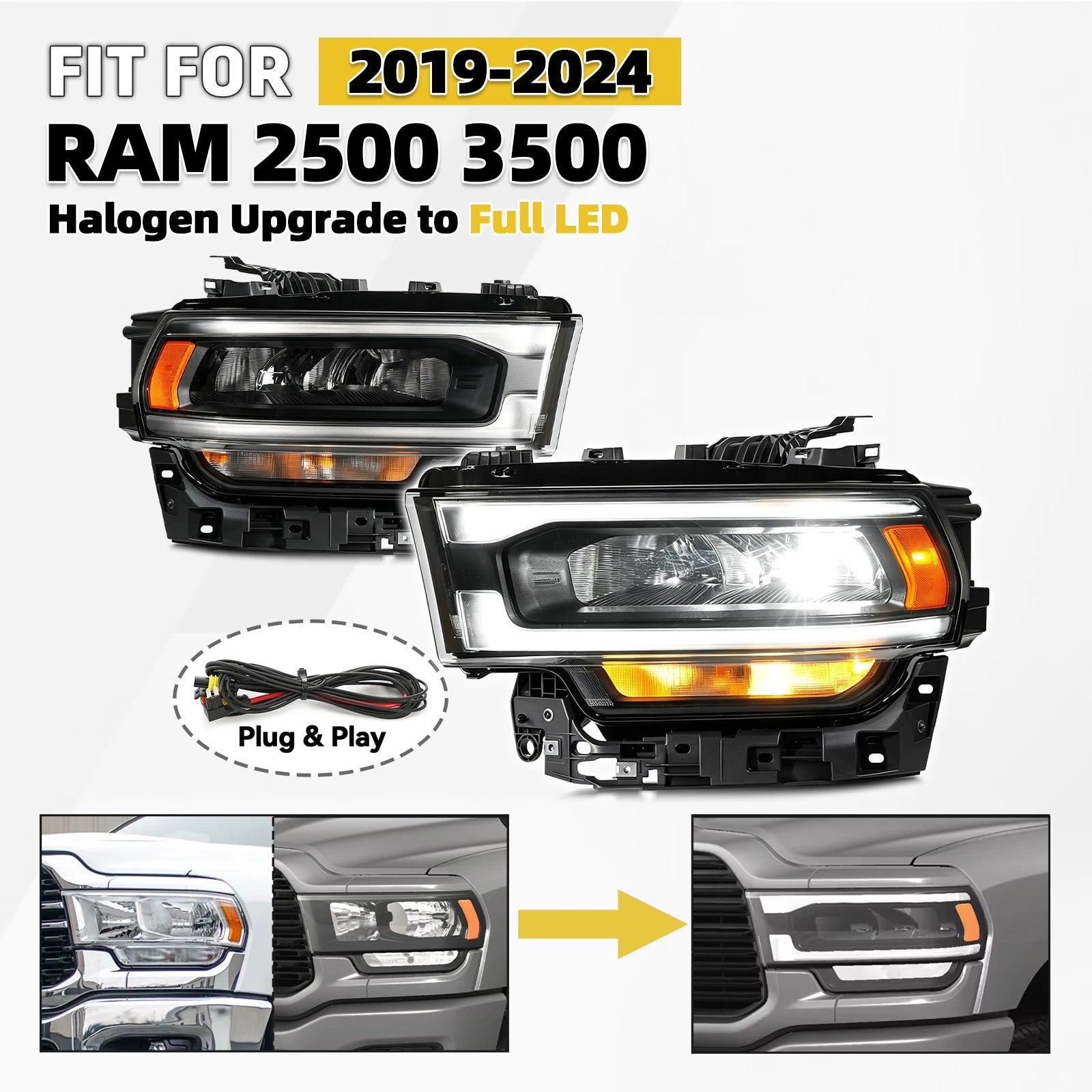 Halogen Upgrade LED Headlights for RAM 2500 3500 (2019–2024) Left+Right Pair