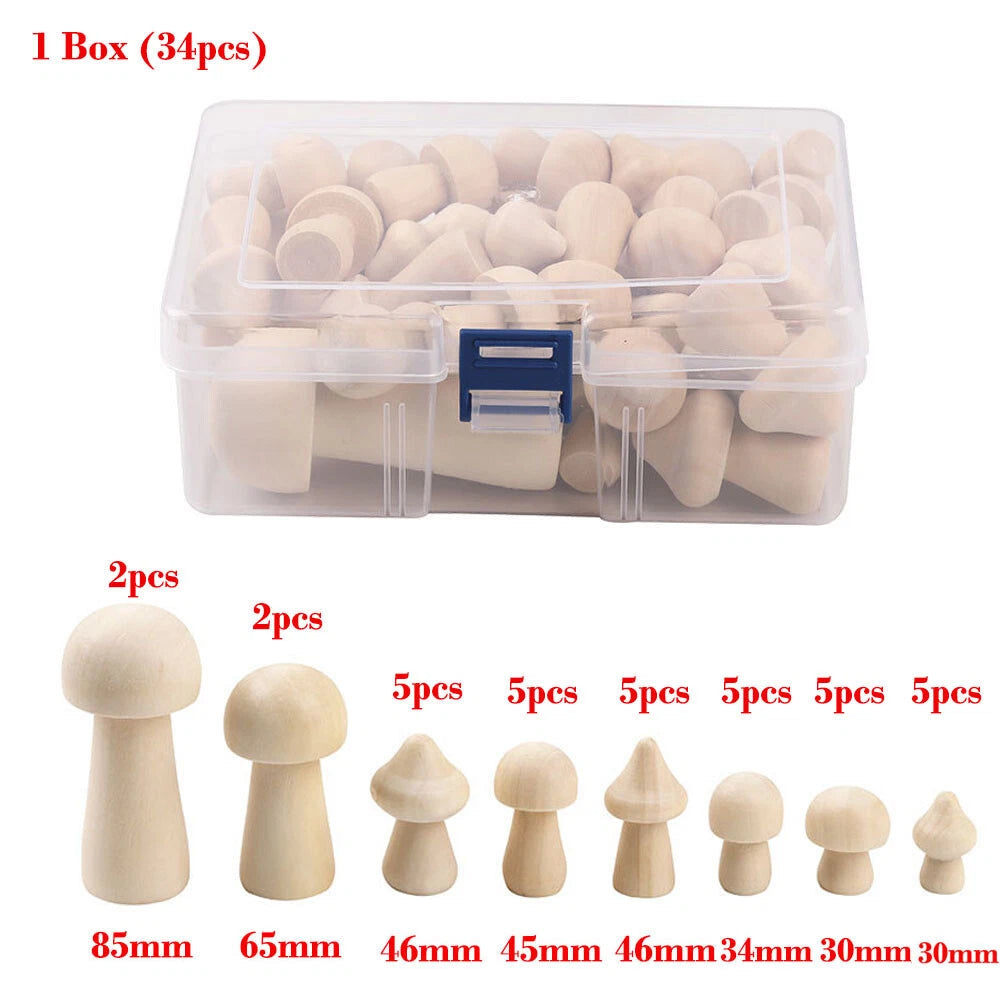 Set of 34 Unpainted Wooden Peg Dolls Mushroom Toy Figures 30-85mm