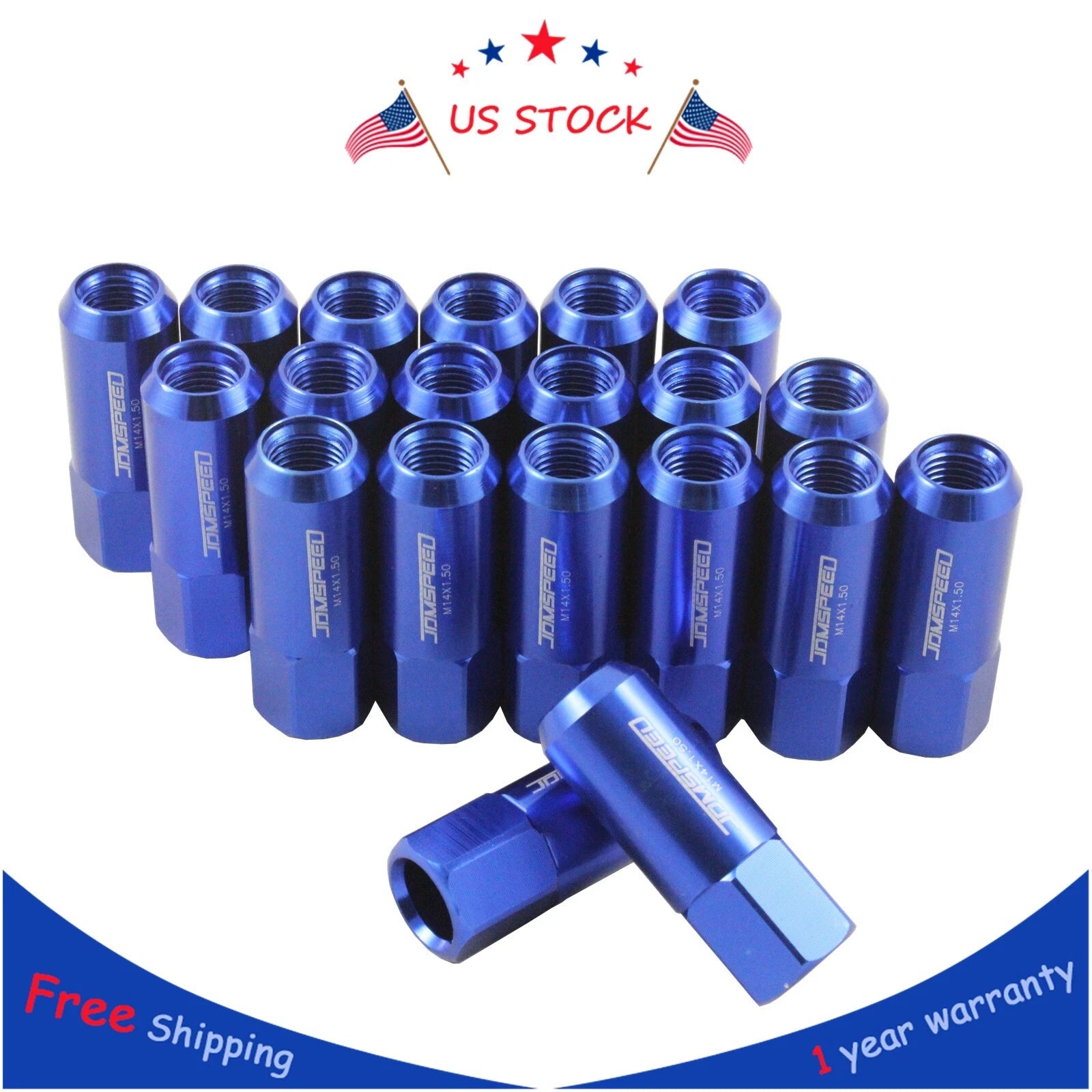 Set of 20 Blue Extended Forged Aluminum Tuner Racing Lug Nuts for JDM Vehicles