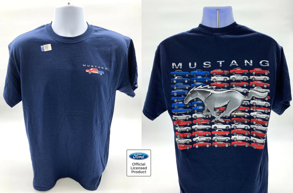 Licensed Ford Mustang T-Shirt Navy Blue American Flag and Pony Logo (2005–2014)