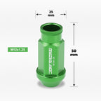 20Pc M12X1.25 Green JDM Open-End Acorn Hex Wheel Lug Nuts + Extension 25mm