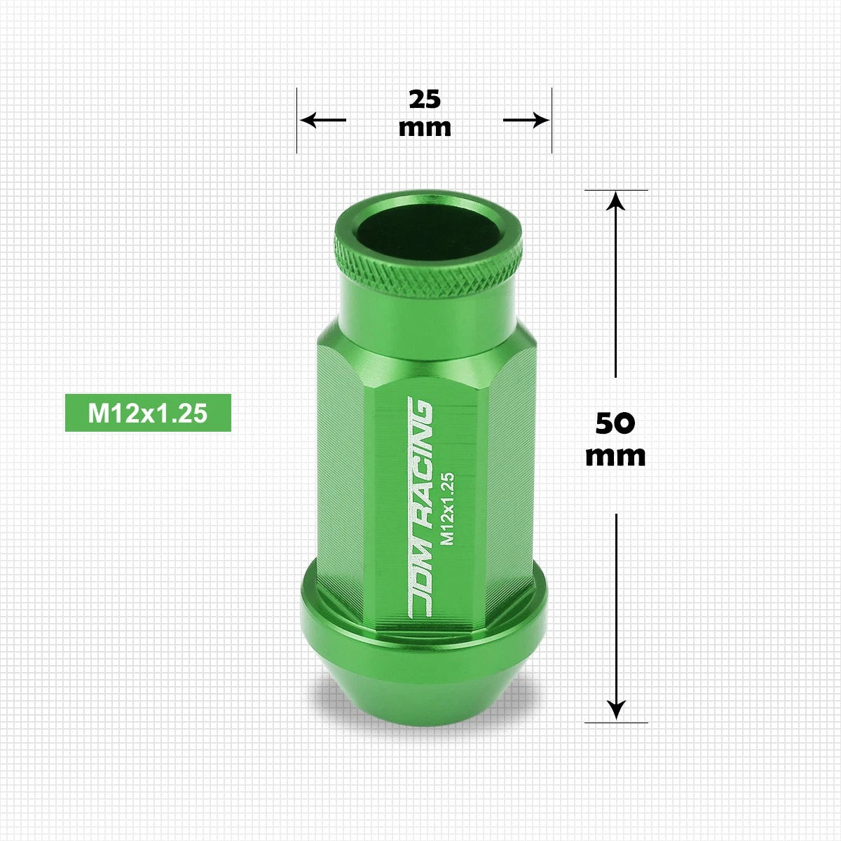 20Pc M12X1.25 Green JDM Open-End Acorn Hex Wheel Lug Nuts + Extension 25mm