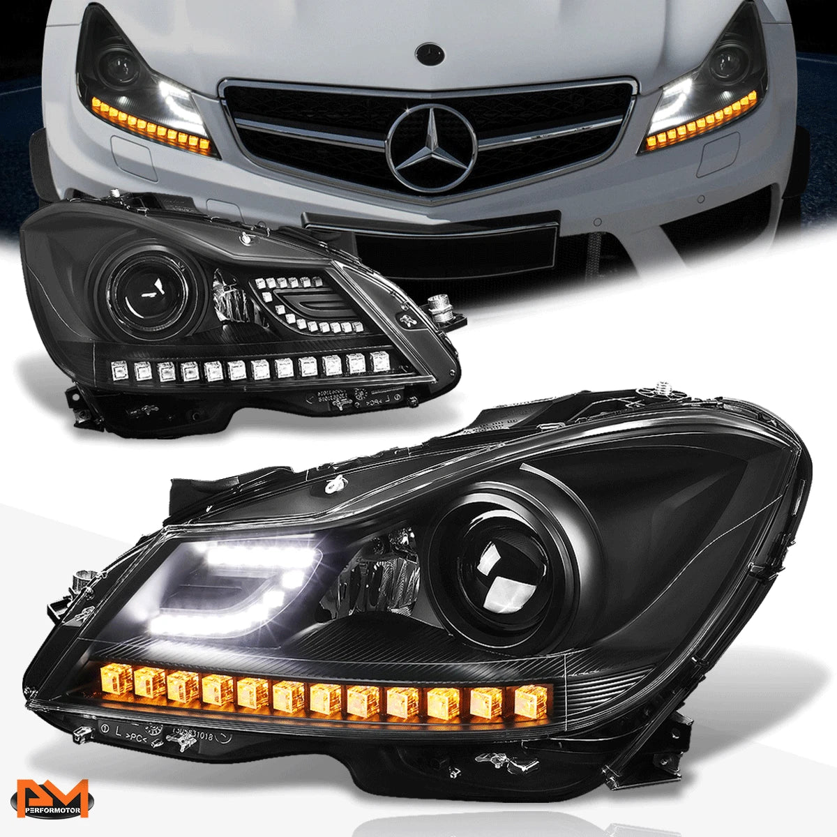 Projector Headlight for Mercedes C-Class (2012–2015) 3D LED DRL Black Housing