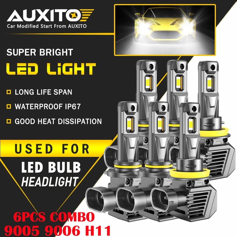 2X AUXITO 9005 9006 H11 LED Bulbs Combo Headlight Fog Light Kit for