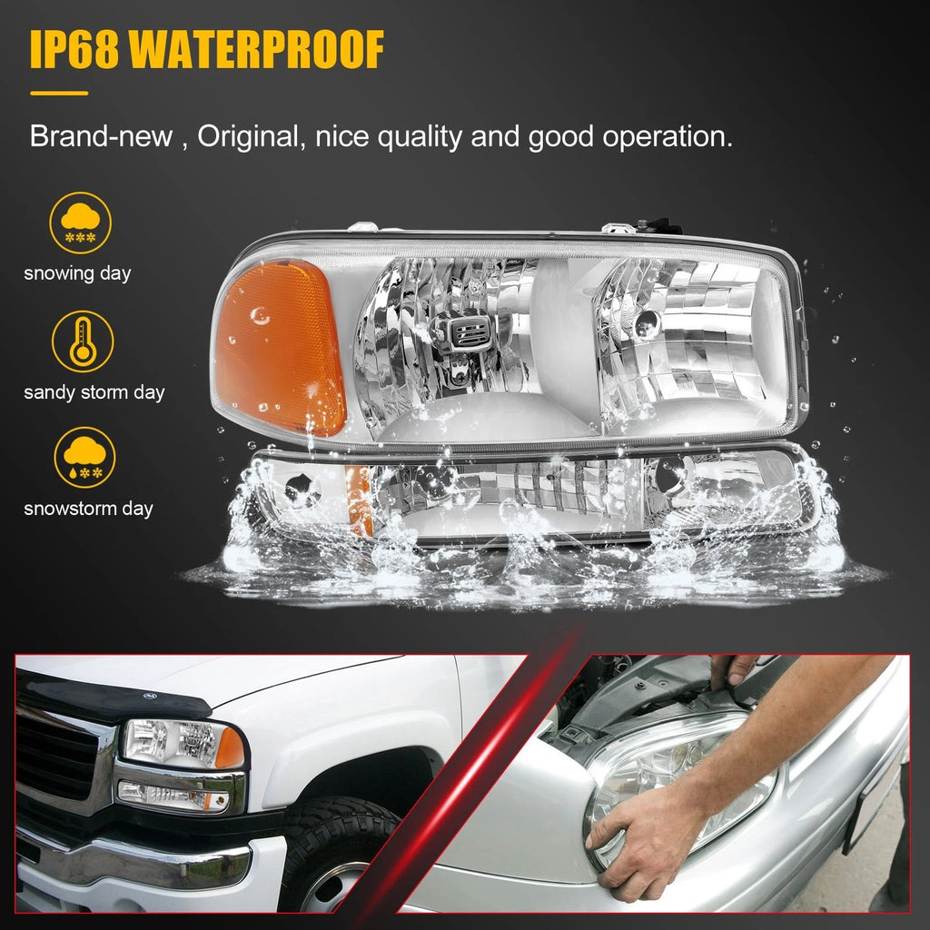 2X Headlight Assembly for GMC Sierra 1500 (1999–2007) Chrome Amber