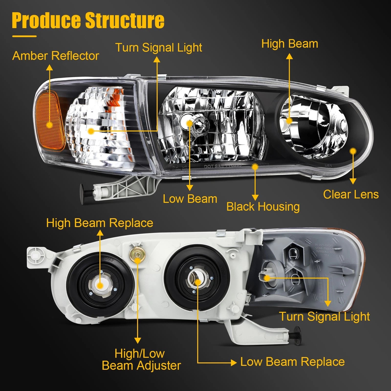 2X Headlight Assembly for Toyota Corolla (2001–2002) with Projector