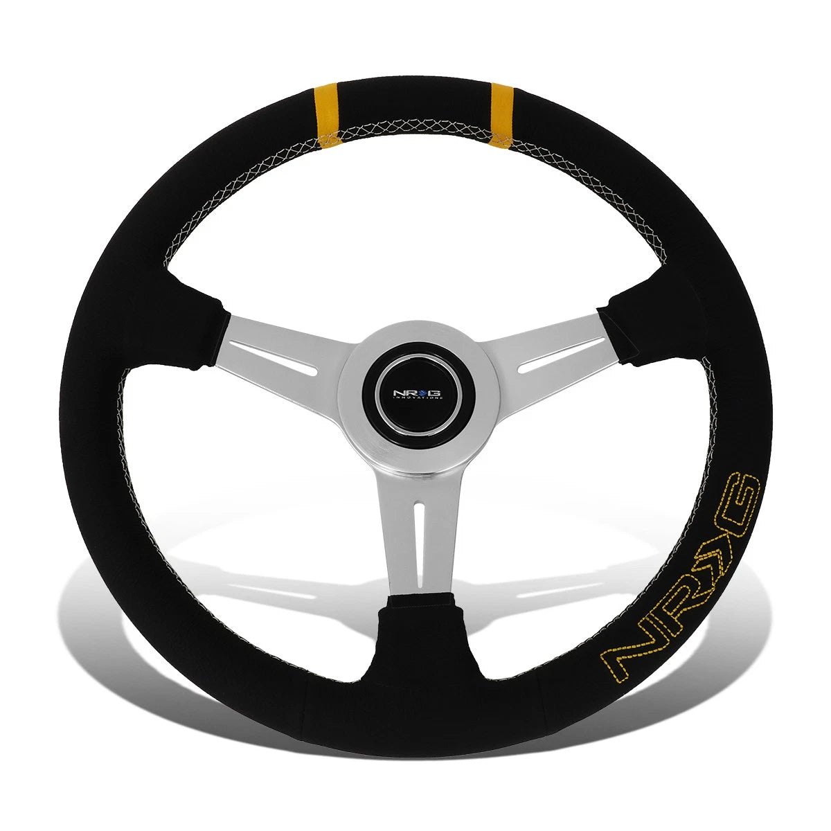 NRG 36cm Silver Spoke Leather Grip Steering Wheel for Universal Fit (2010–2023)