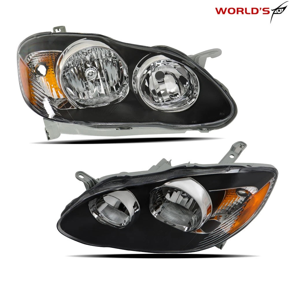 Set of 2 Halogen Black Headlight Assembly for Toyota Corolla (2003–2008)