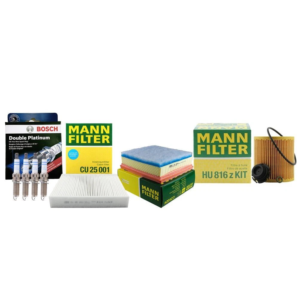 Mann Cabin Oil & Air Filters + 4 Bosch Double Platinum Spark Plugs for BMW