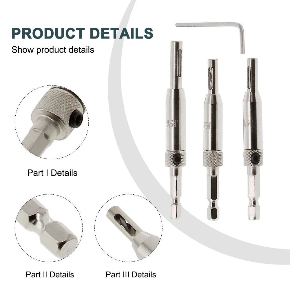 3X Holes Hinge Drill Bit Set 5/64", 7/64", 9/64" High-speed Steel