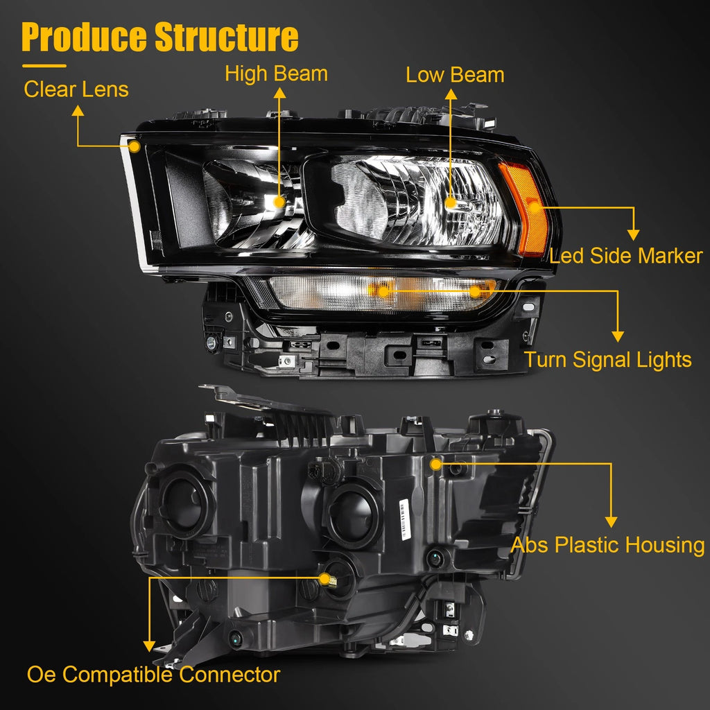2X Black Amber Headlights for Ram 2500 3500 (2019–2024)